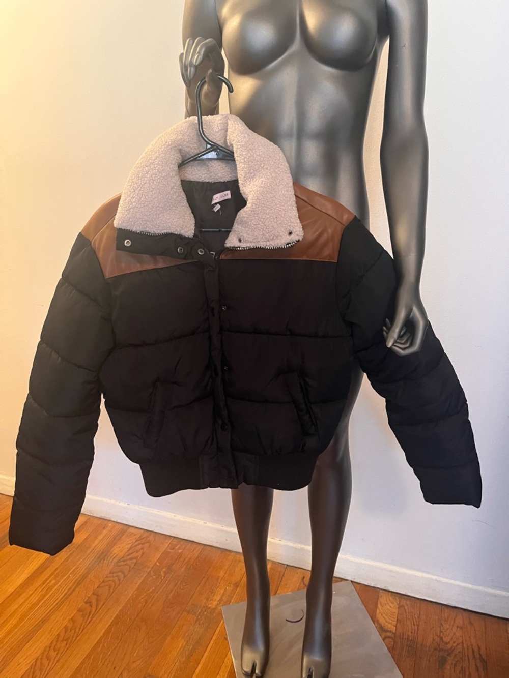 Black Puffer Jacket with Brown Shoulder Panels and Cream Sherpa Collar
